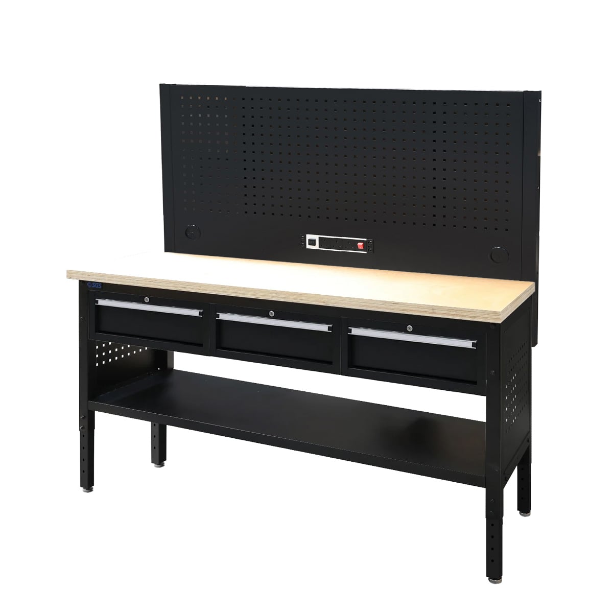 SGS 72in Modular Workstation - Wood Worktop | Pegboard | Power Strip | 3x Drawers